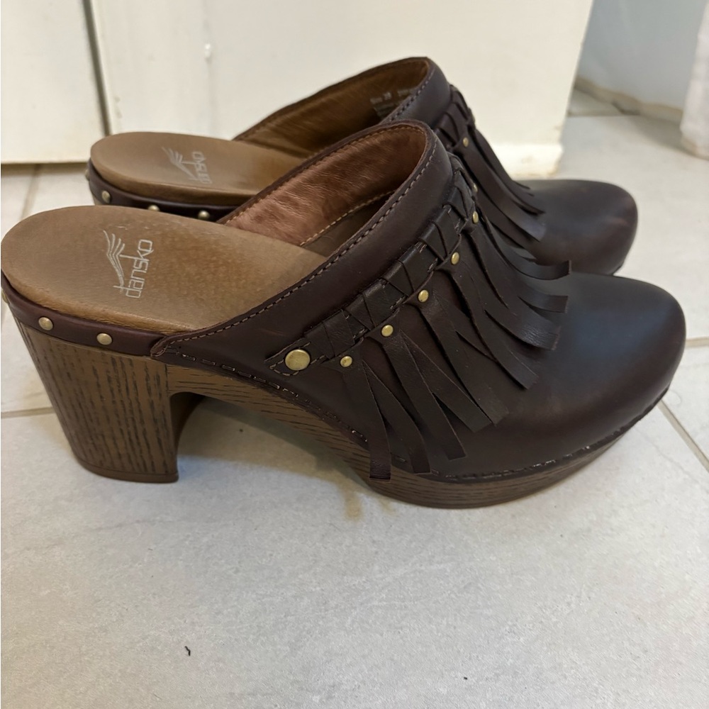 Dansko Brown Leather Mules with Cutout Design